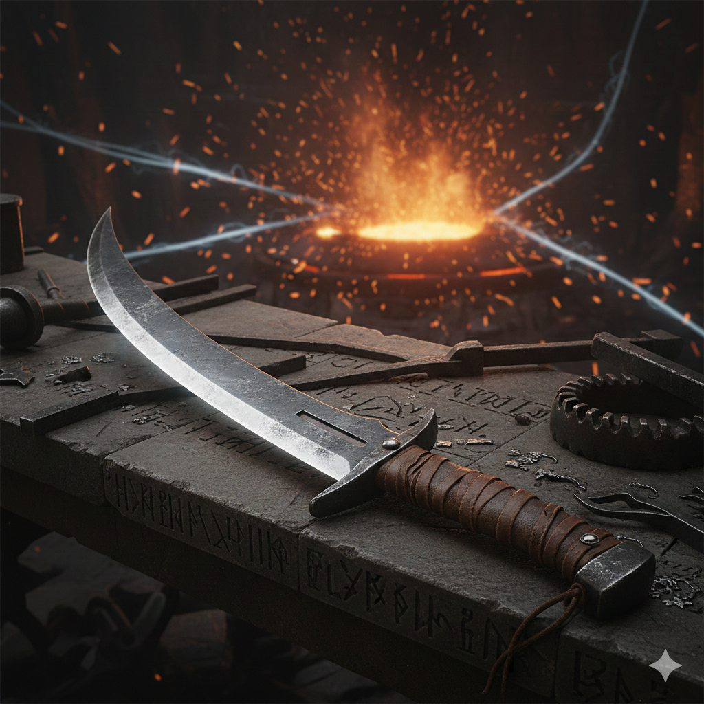 An ancient curved blade with a silver edge and worn
leather-wrapped hilt, resting on a stone workbench with forge sparks in the
background, warm orange and silver lighting, detailed metallic textures,
cinematic science fiction art style