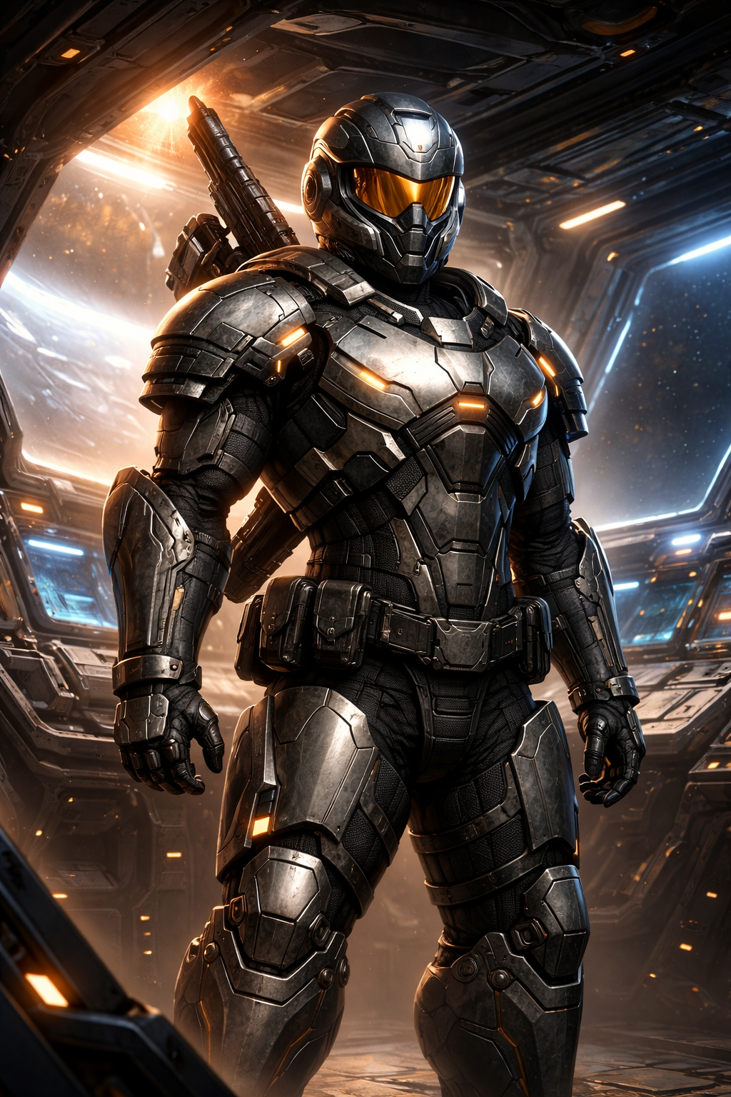 A sci-fi warrior in metallic armor standing in a spaceship cockpit, silver helmet with reflective visor, rifle slung across back, dramatic rim lighting, science fiction concept art style