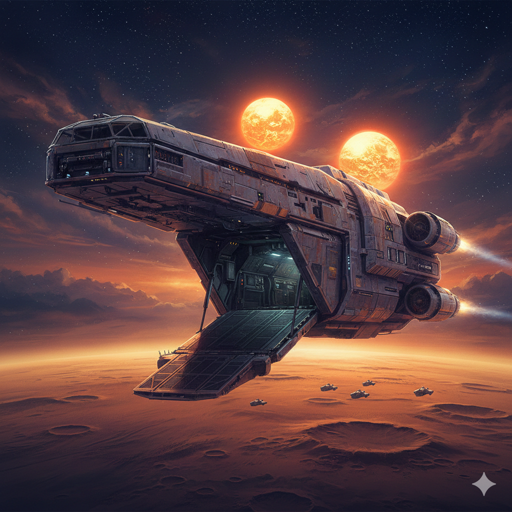 A weathered spaceship orbiting a desert planet with twin suns, cargo ramp open, warm orange and blue lighting, detailed hull panels with battle damage, science fiction concept art style